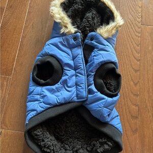 Blue Quilted Dog Jacket with Faux Fur Trim